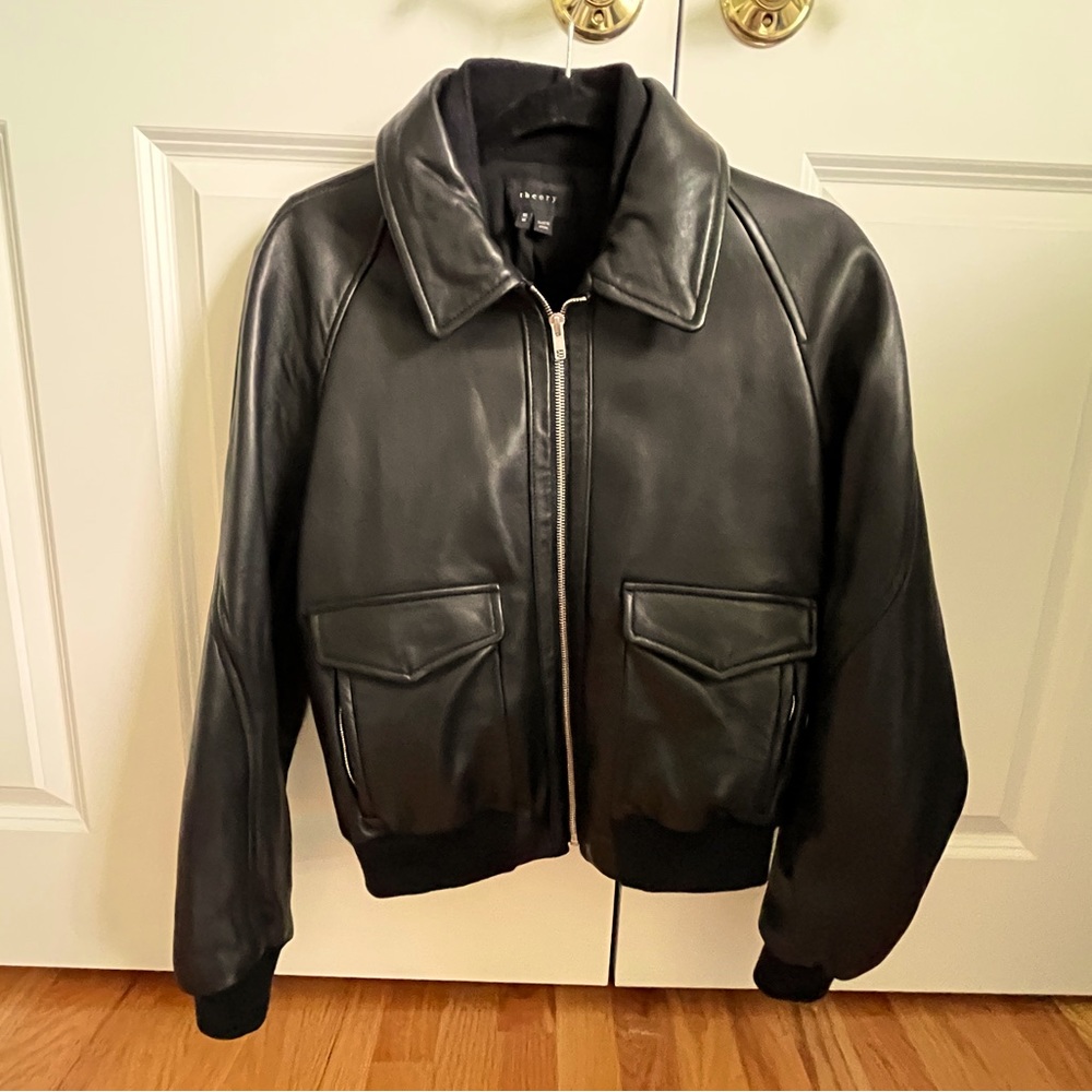 Theory Black Leather Moto Jacket, size M